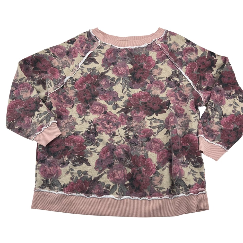 West Coast Womens Floral Rose Sweatshirt Raw Edge Exposed Seam Pink Burgundy XL